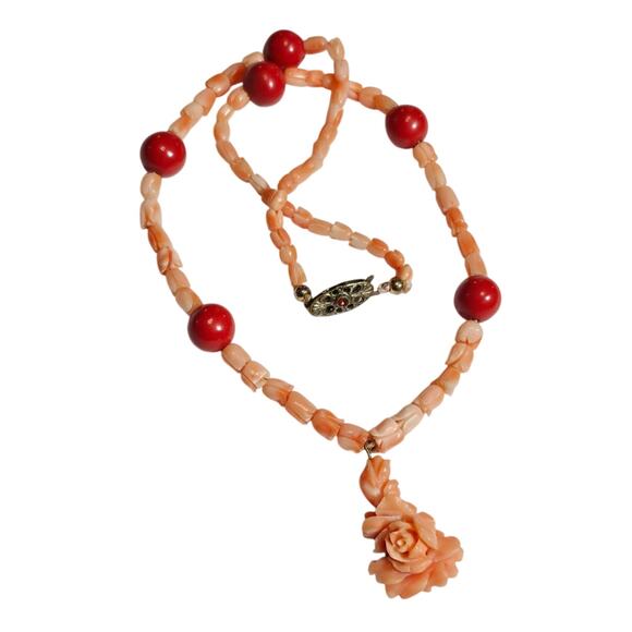 Vintage Czechoslovakian Necklace Jewelry - Vintage Czechoslovakian Carved Coral Flower Necklace 17.5"
